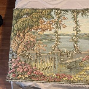 Scenic Tapestry with Floral and Landscape Design